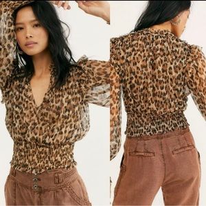 Free People Twyla Smocked Cheetah Mesh Top NWT
